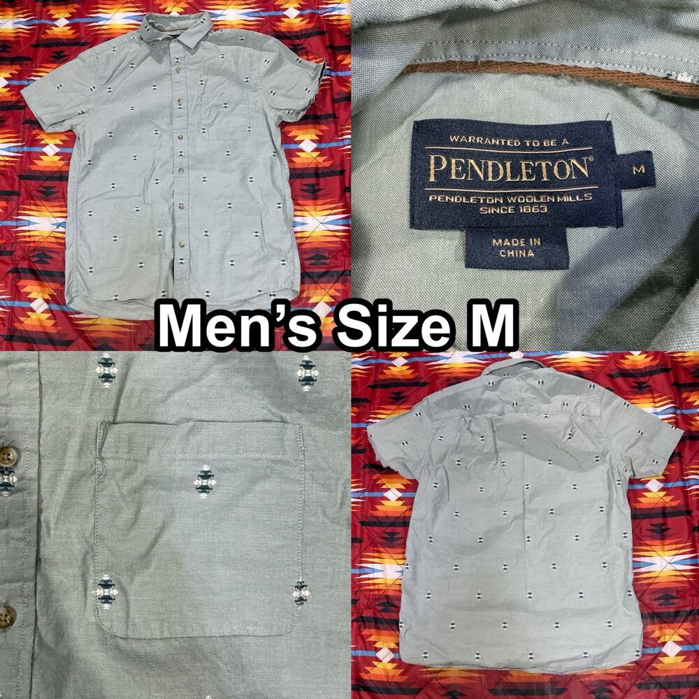 Pendleton Short Sleeve Button Up Shirt Green Aztec Men’s Medium Embroidered